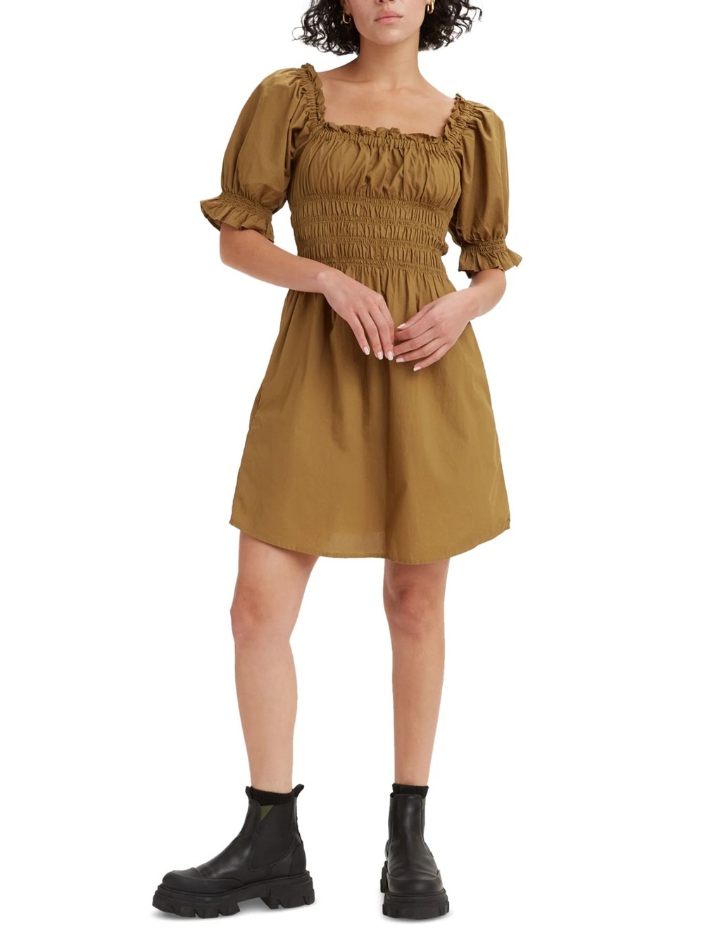 Levi's Olive Smocked Square-Neck Mini Dress